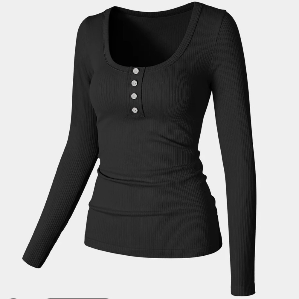 OQQ black ribbed spandex button front long sleeve top